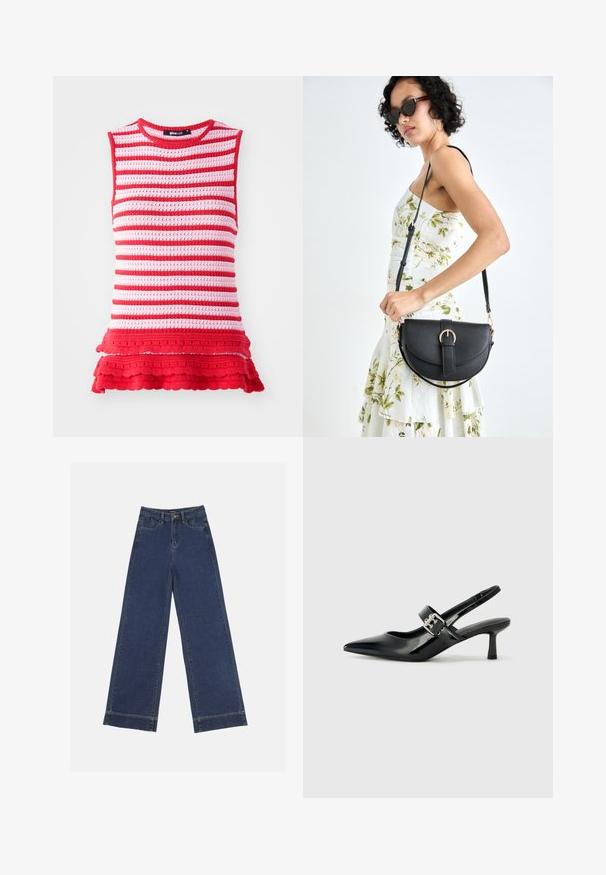 Crvena i ružičasta prugasta bezrukavna majica s teksturiranim pletenim dizajnom i volanima na rubu, sa okruglim izrezom i prilagođenim siluetom.; Široke traperice u tamnoplavom denimu. Imaju pet džepova, petlje za pojas i siroki rub na dnu s vidljivim detaljima šavova.; Crne lakirane slingback potpetice s oštrim prstom i malom blok petom, s naglaskom na srebrnoj kopči na remenu.; Crna kožna torba s lukovitim oblikom, odvojivim remenom i zlatnim detaljima. Torba ima preklop s kopčom.