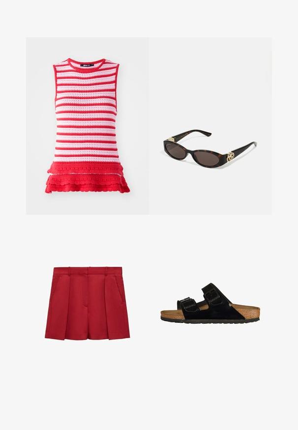 Top senza maniche a righe rosse e rosa con un design a maglia testurizzata e orlo a volant, caratterizzato da un collo rotondo e una silhouette aderente.; Pantaloni corti rossi su misura realizzati in tessuto leggero, con frontale piatto, due tasche laterali e un finish elegante con pieghe.; Sandali neri in pelle verniciata con due cinturini regolabili, soletta in sughero e suola in gomma, caratterizzati da una texture liscia e un design minimalista.; Occhiali da sole tartarugati con lenti ovali allungate, tonalità marrone, accenti dorati con logo sulle tempie e aste nere eleganti.
