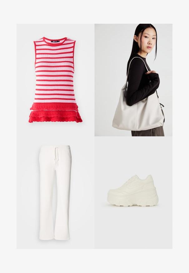 Punase ja roosade triipudega ilma varrukateta top, millel on tekstuuriga kudumine ja volangääre, ümmargune kaelus ja closely-fitted sihver.; Valged, mugavad spordipüksid, mis on valmistatud pehmest kangast, elastse talje ja nööridega, sirgete jalgadega disainiga.; Valged platvormi tõusukingad, millel on siledast nahast meenutav pealis, ümar kuju, pehmendatud kaelus ja tekstureeritud kummitald koos selgete hüdrofoobsete mustritega.; Bež käekott pehme materjali, millel on lõtv disain, õmblustega detailid ja kaks õlarihma. Sobib igapäevaseks kasutamiseks.
