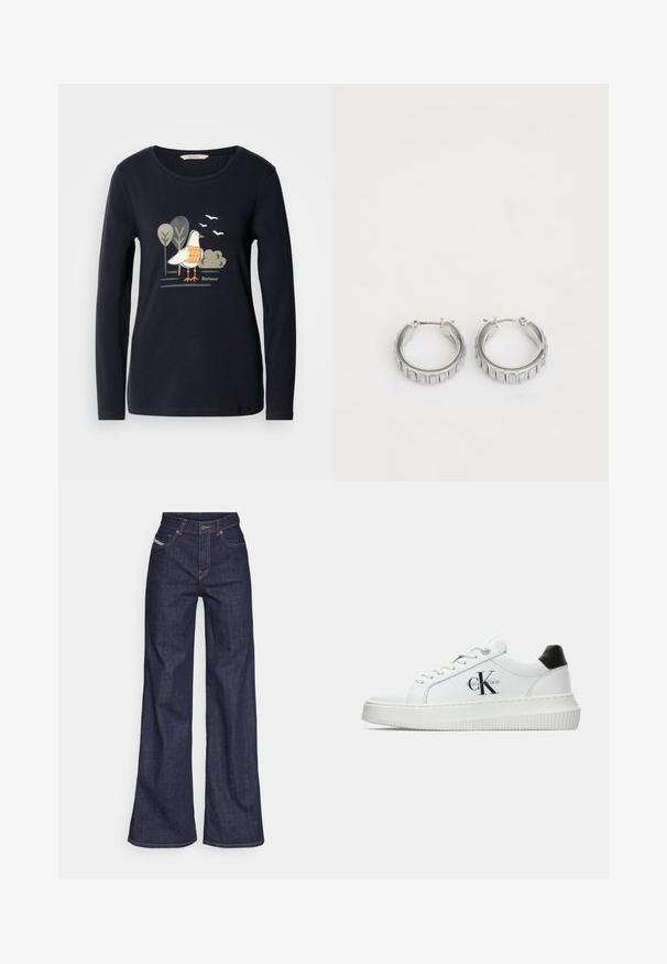 Blaues Langarmshirt mit einem Grafiken von einem Vogel in Orange-Tönen, umgeben von stilisierten Bäumen und Vögeln in einem minimalistischen Design.; Dunkelblaue weite Jeans aus Denimstoff mit hoher Taille, ausgestattet mit orangefarbenen Nähten, fünf Taschen und einem Knopfverschluss.; Weiße Low-Top-Sneaker mit schwarzem Fersenpatch, Plateau-Sohle, Schnürsenkeln und Calvin Klein "CK"-Logo an der Seite.; Silberne Creolen mit texturiertem Design und vertikalen Rillen. Kreisförmige Form mit sicherem Verschluss. Glatte Oberfläche.