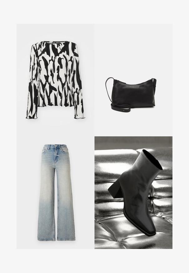 Top plissettato bianco e nero con maniche lunghe, scollatura rotonda e un motivo astratto. Realizzato in tessuto leggero con una finitura testurizzata.; Jeans ampi di colore blu chiaro in denim, con vita alta, cinque tasche e cuciture visibili lungo le cuciture.; Stivale alla caviglia nero realizzato in materiale lucido con punta quadrata e tacco affusolato, posizionato su uno sfondo argentato lucido con imbottiture a sfera.; Borsa a spalla in pelle nera con una texture liscia, forma curva, tracolla regolabile e chiusura con zip. Design minimalista senza ornamenti.