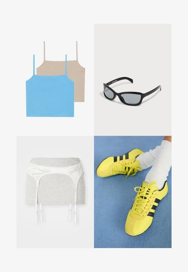 Even&Odd - Top; Szara bawełniana tkanina odzieżowa z satynowym białym paskiem w talii i czterema regulowanymi wstążkami do podwiązek. Gładka tekstura, dopasowany krój.; Jaskrawe żółte buty sportowe z czarnymi paskami i sznurówkami; mają teksturowaną cholewkę i zamszowe akcenty. Noszone z białymi skarpetami w prążki.; Czarne okulary przeciwsłoneczne o smukłym, kanciastym designie. Posiadają szare soczewki i błyszczące plastikowe oprawki. Zawierają małe metalowe akcenty oraz branding na ramieniu.; Czarna skórzana torebka z dwoma krótkimi uchwytami, srebrnymi akcentami, białymi detalami i białym logo. Posiada teksturowaną powierzchnię oraz kompaktowy design.