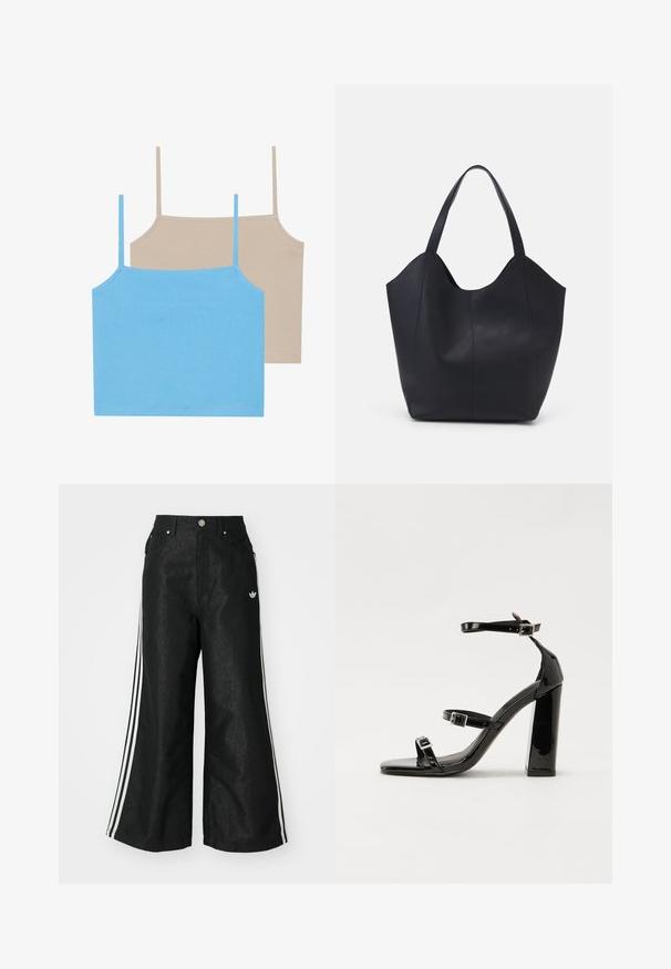 Even&Odd 2 PACK - Toppi - azure blue/simply taupe; Mustat leveät farkut kolmella valkoisella raidalla jokaisella sivulla ja pienellä valkoisella logolla. Ominaisuuksiin kuuluvat etutaskut ja napitus.; Musta kiiltävä korkokenkä sandaalit neliönmuotoisella varpaalla, nilkkaremmillä ja hopeisilla soljilla. Varustettu tukevalla lohkokorkealla vakauden takaamiseksi.; Mustat kangaskassit, jotka on valmistettu sileästä nahasta, jossa on kaareva, avoin yläosa, kaksi olkahihnaa ja minimalistinen muotoilu.