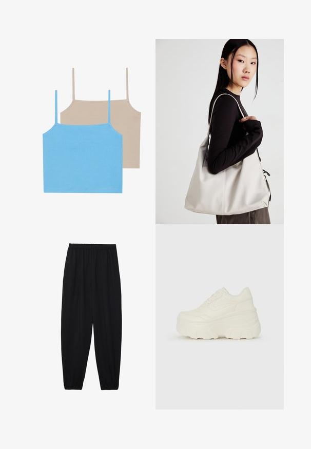 Even&Odd 2 PACK - Débardeur - azure blue/simply taupe; Pantalons noirs légers avec une taille élastique et des chevilles froncées. Le tissu est lisse et présente un design décontracté et fuselé.; Baskets plateformes blanches avec une tige en simili cuir lisse, une forme arrondie, un col rembourré et une semelle en caoutchouc texturé avec des crampons définis.; Sac à main beige en matériau souple, avec un design décontracté, des détails cousus et deux poignées. Idéal pour un usage quotidien.