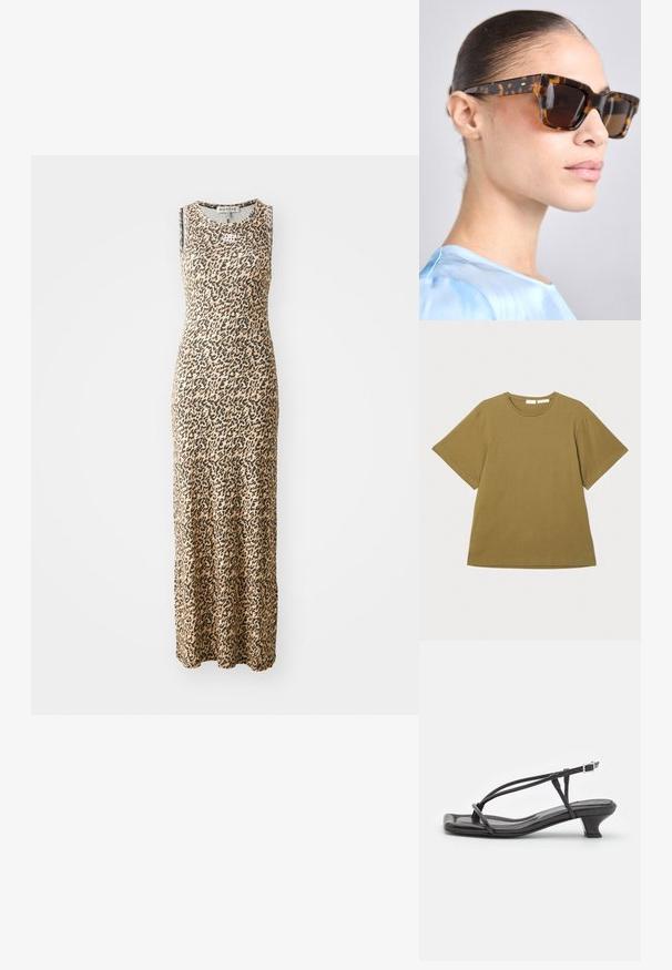 Olivovozelené tričko s krátkym rukávom vyrobené z mäkkej tkaniny, s okrúhlym výstrihom a voľným strihom, zobrazené na bielom pozadí.; Bezrukávové maxi šaty v béžovej farbe s čiernym leopardím vzorom, s okrúhlym výstrihom. Vyrobené z jemného, elastického materiálu pre maximálne pohodlie.; Čierne kožené sandále s tenkými remienkami, nízkym blokovým opätkom a štvorcovou špičkou. Majú pracku na uzatvorenie a hladký povrch.; Slnečné okuliare z korytnačieho shellu s robustným, obdĺžnikovým rámom. Tmavé šošovky a zlaté akcenty na stranoch. Hladký, lesklý povrch.; Hnedá kožená kabelka s jemným, štruktúrovaným dizajnom, s horným uzatváraním na zips a nastaviteľným popruhom so striebornými kovovými akcentmi.; Strieborné perlové náušnice s zakriveným, fazuľovým tvarom. Hladký, lesklý povrch a zabezpečené s kolíkom a zadným uzáverom.