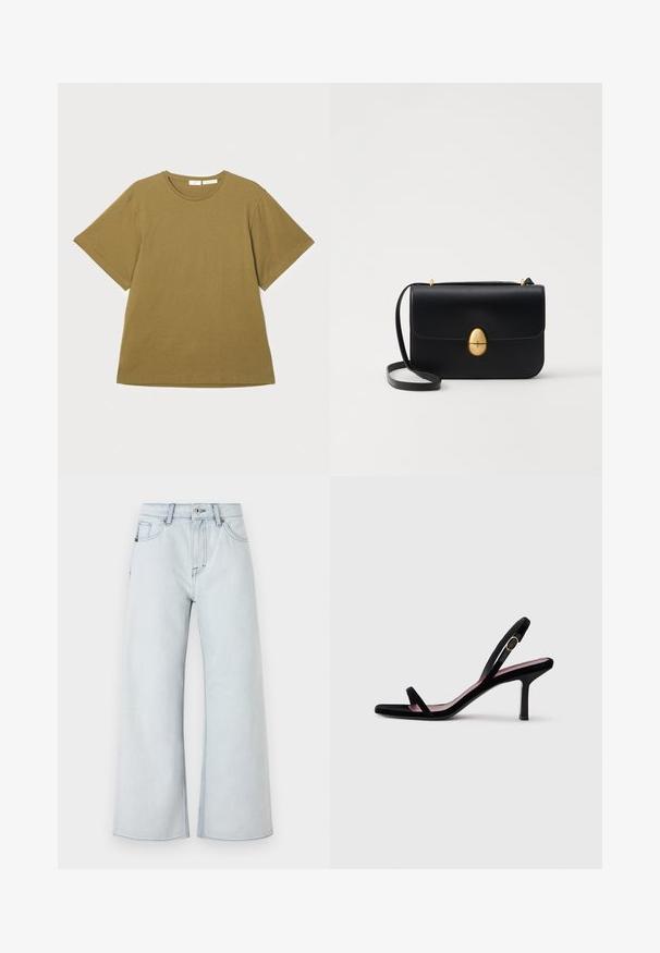 Olivenfarvet t-shirt med korte ærmer lavet af blødt stof, med rund halsudskæring og en afslappet pasform, præsenteret mod en hvid baggrund.; Lysblå jeans med bred benedesign, lavet af denim. Funktioner fem lomme-stil, bæltestropper og knaplukning.; Sorte ruskind højhælede sandaler til kvinder med slanke stropper og en guldbuckle på hvid baggrund, set fra siden.; Sort læderhandbag med en struktureret rektangulær form. Har et gyldent ovalt lås og en tynd skulderrem. Glat tekstur.