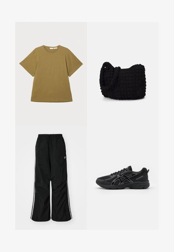 Olívazöld, rövid ujjú póló, puha anyagból készült, kerek nyakkivágással és laza szabással, fehér háttér előtt bemutatva.; Fekete szélálló nadrág rugalmas derékpánttal, húzózsinórral, fehér oldalsávokkal, bő szabással, bal oldalon egy kis logóval.; Fekete sportcipők hálós felsőrésszel, szintetikus díszítésekkel, fényvisszaverő részletekkel, párnázott talppal és struktúrált talppal a tapadás érdekében.; Fekete szövet táska texturált, steppelt mintával. Kerek formájú, rövid, vastag fogantyúkkal és puha, rugalmas szerkezettel.