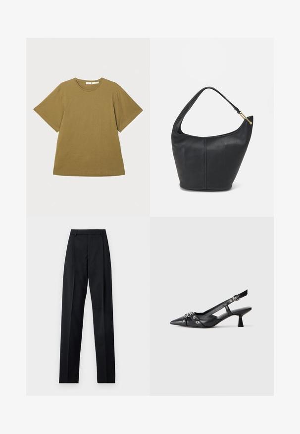 Olivno zelena kratkoročna majica z dolgimi rokavi iz mehkega blaga, s krožnim izrezom in sproščenim krojem, prikazana na beli podlagi.; Črne hlače iz gladkega materiala, ki imajo visok pas, široke noge, sprednje nabore in klasične zanke za pas. Nevidni stranski žepi.; Črne usnjene sandale središnje zaponke z ostro konico, okrasnimi trakovi z kovinskimi očesi in nizko blokasto peto. Teksturirana površina.; Črna usnjena torbica ovalne oblike, s širokim pasom in teksturirano površino. Ima subtilno šivano podrobnost in zlate dodatke.