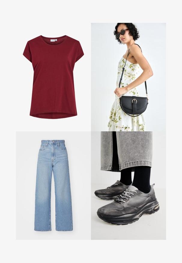 Burgundy T-shirt made of soft cotton with a round neck, short sleeves, and a slightly curved hem. Simple, solid color design.; Light blue high-waist wide-leg jeans with front button and zip closure, front and back pockets, on a white background.; Black and gray athletic shoes feature a mesh upper, thick soles, and laces. They have a rounded toe and visible cushioning detail.; Black leather handbag with a curved shape, detachable strap, and gold hardware. The bag features a flap with a buckle detail.