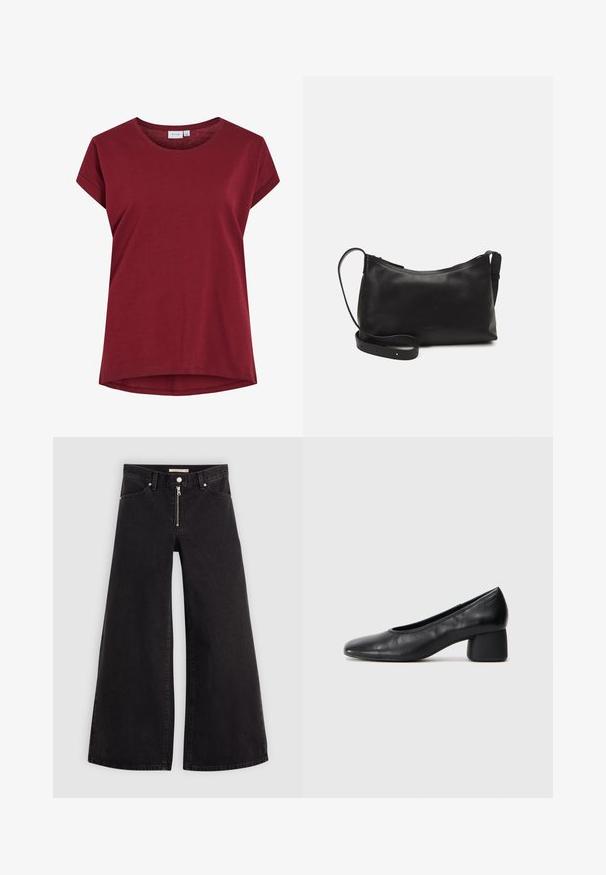 Burgundijas krāsas T-krekls, izgatavots no mīksta kokvilnas, ar apaļu kaklu, īsām piedurknēm un nedaudz izliekumu apakšmalā. Vienkāršs, vienkrāsains dizains.; Platas kājas džinsi melnā džinsa audumā ar rāvējslēdzēju priekšā, piecu kabatu dizains un smalkas šuvju detaļas. Gluda tekstūra un ikdienišķs stils.; Melna ādas kurpe ar noapaļotu purngalu un vidēja izmēra blokkāju. Gluda tekstūra ar minimāliem dekoriem, ar delikātu elastīgu atveri.; Melna ādas plecu soma ar gludu tekstūru, izliekta forma, regulējama siksna un rāvējslēdzēja aizdare. Minimālistisks dizains bez rotājumiem.