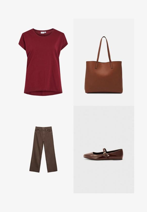 Burgundské tričko vyrobené z měkké bavlny, s kulatým výstřihem, krátkými rukávy a mírně zakřiveným lemem. Jednoduchý design v jedné barvě.; Hnědé džíny s širokými nohavicemi vyrobené z denimu, s vysokým pasem, předními kapsami a klasickým zapínáním na knoflík. Hladká textura s jemným švem.; Hnědé lakované baletky s hranatou špičkou a páskem se zlato-barevným přezkou. Hladký povrch, nízký podpatek a minimalistický design.; Hnědá kožená taška přes rameno s hladkou texturou, otevřeným designem a dvěma ramenními popruhy. Obsahuje minimální švy a žádné viditelné kovové prvky.