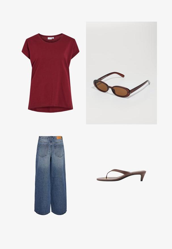 Burgunderfärgad t-shirt i mjuk bomull med rund hals, korta ärmar och en lätt böjd nederkant. Enkel design i enfärgad stil.; Breda denimculotter i medelblå tvätt med en urtvättad textur, med två bakfickor och en brun läderetikett med varumärket på midjan.; Bruna klackflip-flopsandaler med en smal rem och rund tåpost, med en liten guldaccent på fotbädden.; Runda, bruntonade solglasögon med en glansig bordeauxfärgad ram. Smala bågar med subtilt varumärkesdetalj. Platt linsdesign.