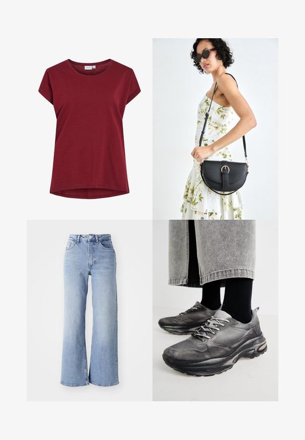 Burgunder T-skjorte laget av myk bomull med rund hals, korte ermer og en lett buet hem. Enkel, ensfarget design.; Lyseblå høyt liv vide jeans med front- og baklommer, knappelukking og subtile falminger på lårene og kanten.; Sorte og grå treningssko har en mesh-overdel, tykke såler og snøring. De har en rund tå og synlige dempe detaljer.; Svart lærveske med en buet form, avtagbar stropp og gullbeslag. Vesken har et klaff med spenne-detall.
