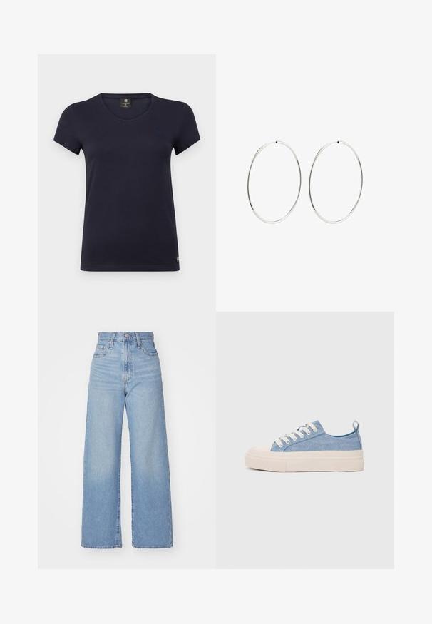 Tumsarkana zila T-kreklu ar īsām piedurknēm un V veida kakla izgriezumu, kas izgatavots no mīkstas kokvilnas. Sīka logo akcenta detaļa augšējā kreisajā pusē.; Gaiši zili augstās jostas vidukļa platās bikses ar priekšējo pogu un rāvējslēdzēju, priekšējām un aizmugurējām kabatām uz baltā fona.; Gaiši zili kanvas sneakeri ar krēmkrāsas gumijas pirksta aizsargu un ārējo zoli, aprīkoti ar baltām šņorēm un cilpu uz papēža.; Sudraba riņķa auskari ar gludu, apaļu dizainu un pulētu apdari. Tie ir plāni un viegli, ar vienkāršu aizdari.