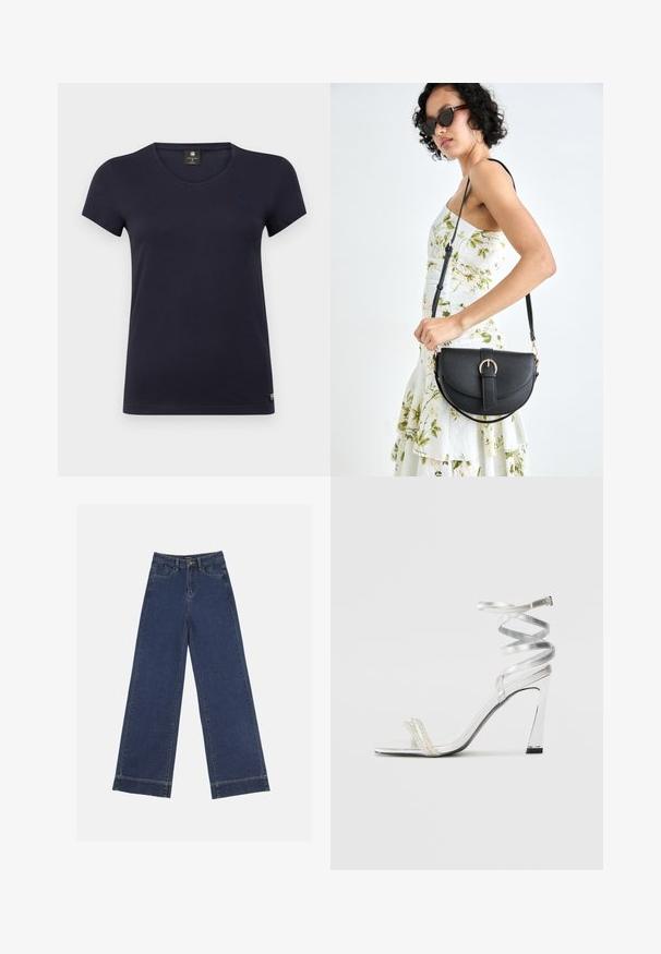 Sötétkék, rövidujjú póló V-nyakkal, puha pamutból készült. Kicsi logó díszíti a bal felső részt.; Sötétkék denim széles lábú farmernadrág. Öt zsebbel, övhurkokkal és nyers szegéllyel az alján, amelyen látható varrási részletek találhatók.; Ezüst színű, magas sarkú szandál, csillogó pánt dizájnnal, gyöngyszerű díszítéssel és spirális bokapánttal a biztos illeszkedés érdekében.; Fekete bőrtáska ívelt formával, levehető pánttal és arany színű fémrészekkel. A táskán egy csattal díszített fedél található.