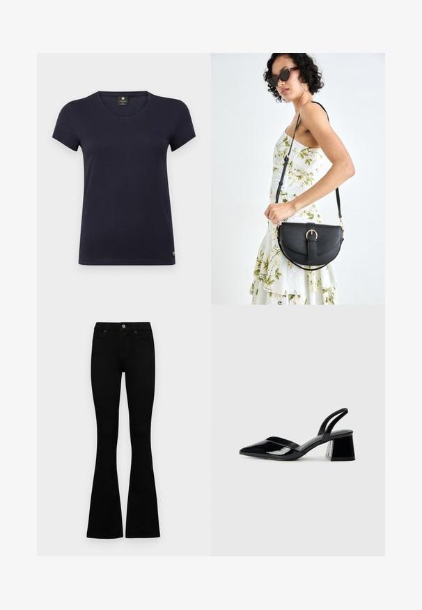 T-shirt azul marinho de mangas curtas com decote em V, feito de algodão macio. Apresenta um pequeno detalhe de logotipo no lado superior esquerdo.; Jeans pretos de cintura alta com fecho de botão e zíper, bolsos frontais e pernas largas dispostos em cima de um fundo branco.; Sandy em verniz preto com salto slingback, ponta afilada e salto geométrico. Apresenta um design elegante e minimalista com textura suave.; Bolsa de couro preta com forma curva, alça destacável e detalhes em dourado. A bolsa possui uma aba com detalhe de fivela.