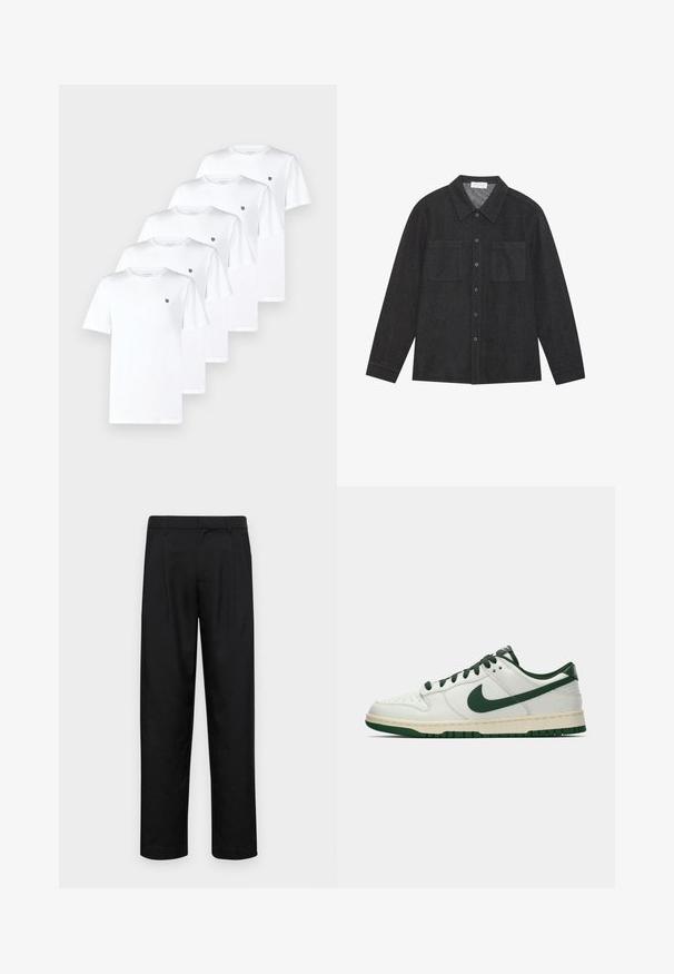 Fem hvite bomull T-skjorter med korte ermer og rund hals, med en liten svart logo på venstre brystområde.; Mørk grå skjorte laget av teksturert stoff, med spiss krage, knappelukking foran og to brystlommer. Lange ermer med knappede mansjetter.; Sorte bukser laget av glatt stoff, med rette ben, to frontfoldninger og standard liv med beltehemper.; Hvit lav sneaker med mørkegrønn Nike swoosh, snøring og såleakkenter, vist i profil mot en enkel hvit bakgrunn.