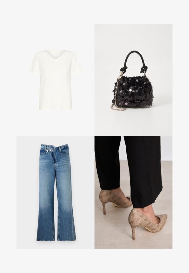 Weißes T-Shirt mit kurzen Ärmeln und V-Ausschnitt, verziert mit floralen Spitzenakzenten am Ausschnitt, aus weichem Stoff mit lockerem Schnitt.; Helle, blaue Jeans mit weit ausgestellt Bein und hoher Taille, ausgestattet mit zwei Knöpfen und vorderen Taschen. Der Stoff hat eine ausgewaschene Textur mit subtilen Variationen.; Beige High Heels aus strukturiertem Stoff mit einem sich wiederholenden Muster. Spitz zulaufendes Design mit einer Rückenausschnitt und goldenen Absatz.; Schwarze Pailletten-Mini-Handtasche mit einem geknoteten, strukturierten Tragegurt und einer silbernen Kette. Abgerundete Form mit gerafftem oberen Teil und reflektierenden Details.