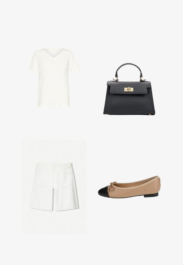 Witte t-shirt met korte mouwen en een V-hals, versierd met bloeiende kant rond de halslijn, gemaakt van zacht materiaal met een ontspannen pasvorm.; Witte denim shorts met een rechte pasvorm, voorzien van een hoge taille, twee achterzakken en subtiele stikdetails.; Ballett balletflat van beige leer met een zwarte punt. Heeft een strikdetail aan de voorkant en een gladde textuur. Laag profiel ontwerp met een rubberen zool.; ESTRO WŁOSKIEJ  - Handtas - black