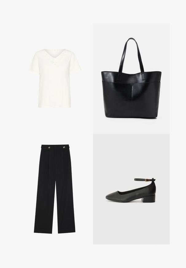 Witte t-shirt met korte mouwen en een V-hals, versierd met bloeiende kant rond de halslijn, gemaakt van zacht materiaal met een ontspannen pasvorm.; Zwarte wijde broek met hoge taille, knoopdetails op de tailleband en plooien aan de voorkant.; Zwarte leren pump met een spitse neus en een lage blokhak. Beschikt over een enkelband met een goudkleurige gespsluiting. Gladde textuur.; Zwarte leren tote bag met twee lange handvatten, een zachte textuur en een gestructureerde vorm. Voorzien van een voorvak voor extra opslagruimte.