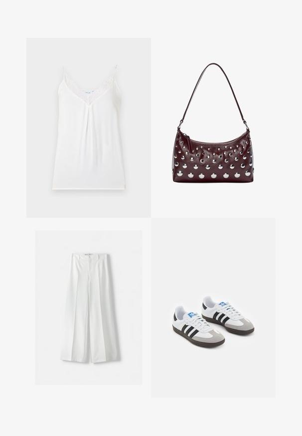 Hvid top med spidse kanter langs V-halsen, tynde justerbare skulderstropper og blødt stof, med en let plissering foran.; Bershka WIDE-LEG TAILORED - Bukser - white; Sportsko med en overdel i hvid læder, grå ruskind på tåen og tre sorte striber. Har et blåt logo på tungen og en struktureret gummisål.; Bordeaux læder håndtaske med en rund form, der har metalliske cirkulære nitter og en lynlåslukning på toppen, ledsaget af en enkelt skulderrem.