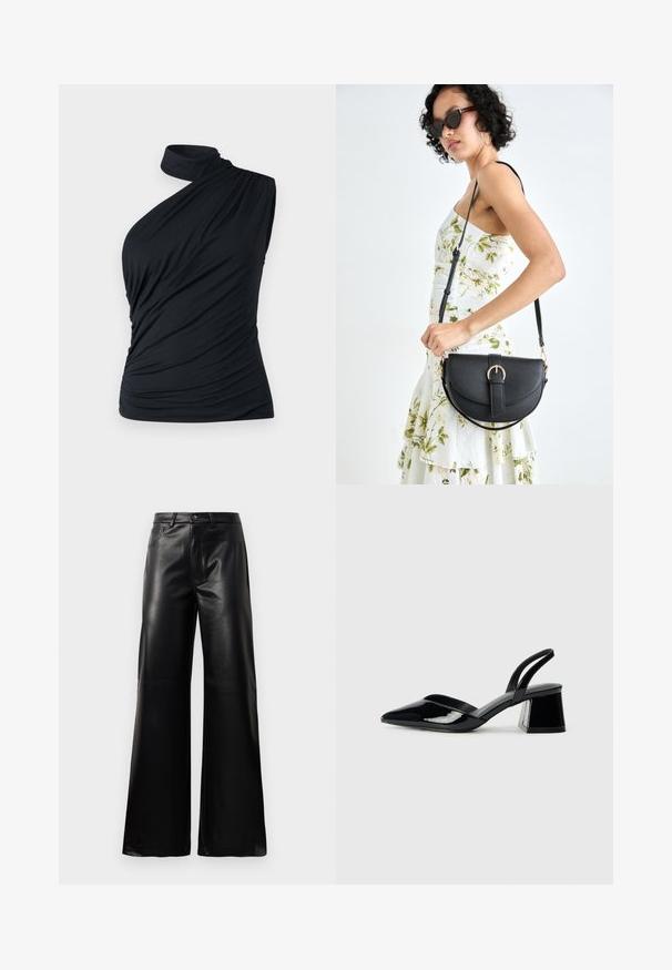 Abercrombie & Fitch - Top; Czarne, wysokie na talii, szerokie spodnie z sztucznej skóry z guzikami z przodu, zapięciem na zamek, szlufkami na pasek i bocznymi kieszeniami na białym tle.; Czarne lakierowane półbuty na obcasie z wydłużonym noskiem i geometrycznym słupkiem. Charakteryzują się eleganckim, minimalistycznym designem oraz gładką fakturą.; Czarna skórzana torebka o zakrzywionym kształcie, z odpinanym paskiem i złotymi akcentami. Torebka posiada klapę z zapięciem w kształcie klamry.