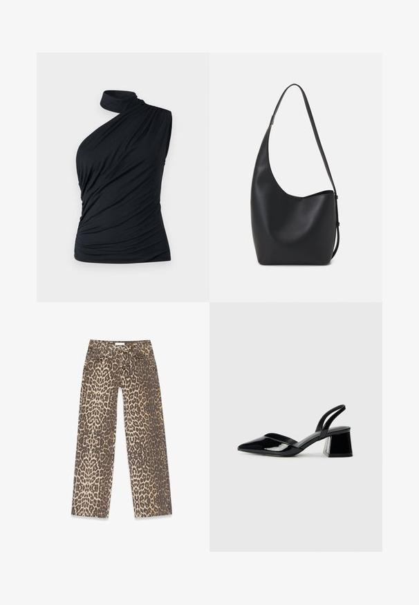 Abercrombie & Fitch BARE MOCK - Viršus - black beauty; Leopardų rašto džinsai, pasitelkiantys neutralią smėlinę ir rudą spalvų paletę, tiesaus kirpimo dizainą ir tradicinius kišenių detales.; Juodos lakuotos odinės šlepetės su smailiu pirštu ir geometriniu bloko kulnu. Turi elegantišką, minimalistinį dizainą ir lygų paviršių.; Juodas odinis hobo maišas su lygiu paviršiumi, kreipta forma ir viena reguliuojama rankena; turi platų atidarymą viršuje.