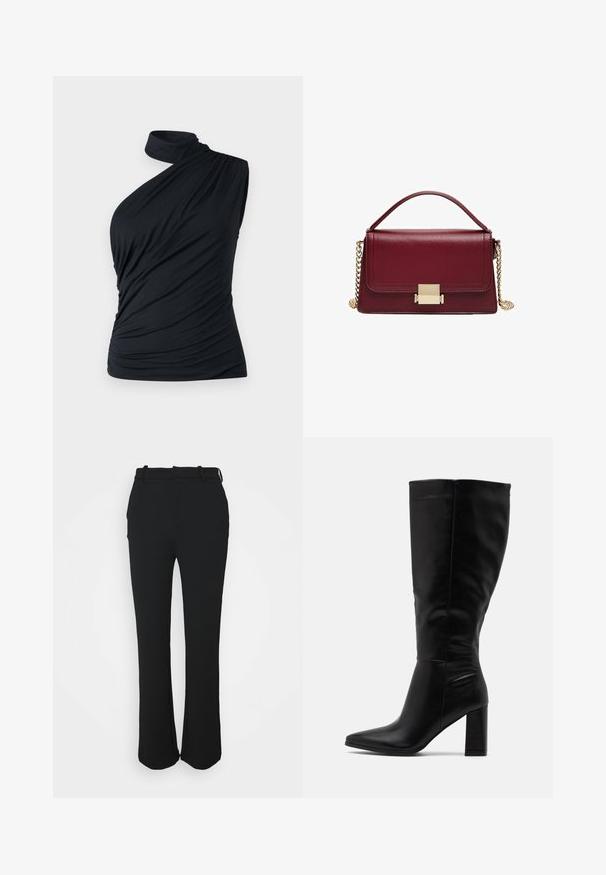 Abercrombie & Fitch BARE MOCK - Débardeur - black beauty; Pantalons noirs ajustés avec une finition lisse, design à jambe droite et une taille. Présente des détails de couture subtils et pas de poches.; RAID JORDANN - Bottes à talons hauts - black; Sac à main en cuir bordeaux au design structuré, avec un fermoir en métal doré et une bandoulière en chaîne amovible. Texture lisse et forme rectangulaire.