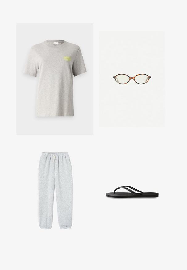Grå bomulls t-shirt med kort ärm, rund halsringning, med en gul logotext "American Vintage" på vänster bröst.; Grå sweatshirtbyxor gjorda av mjukt tyg, med ett elastiskt midjeband och dragsko, samt elastiska fållar vid anklarna.; Svart flip-flop med en texturerad gummisula, två slanka remmar och en subtil, präglad logodetalj på remmen.; Sköldpaddsmönstrade glasögon med ovala linser och en elegant, slät yta. Har tunna sidor med en subtil kurva vid tinningarna. Klara linser.