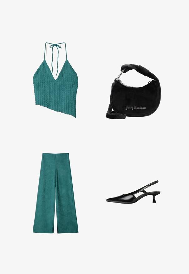 Turkizna rebrasta halter majica z globokim V-izrezom, asimetričnim robom in povezavami okoli vratu. Teksturirana tkanina dodaja dimenzijo oblikovanju.; Teal široke hlače z teksturirano, ribasto tkanino. Imajo visok pas in so dolge do tal, ohlapnega kroja, kar jih naredi idealne za priložnostno nošenje.; Črne patentični usnjeni salonarji s slingback designom, z zašiljenim nosom, izrezanim stranskim dizajnom in majhnim kvadratnim peto. Gladka tekstura z minimalnimi detajli.; Črna semiš torba za ramo s ukrivljeno obliko, ki ima oblazinjen ročaj, srebrne verižne dodatke in logotip "Juicy Couture" v kovinskem tisku.
