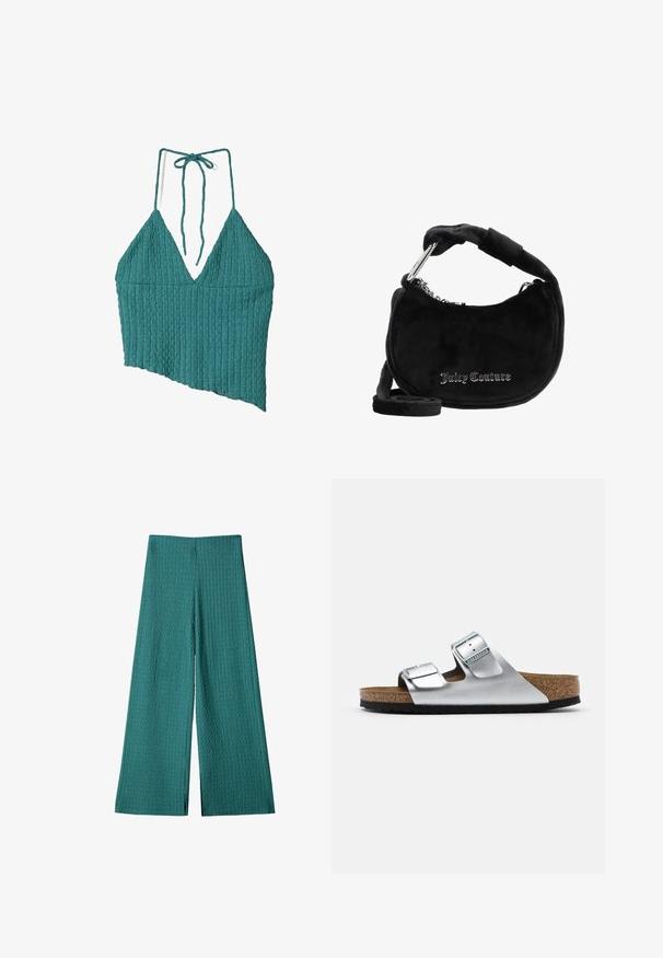 Teal geribbelde haltertop met een diepe V-hals, asymmetrische zoom en strikjes in de nek. De textuur van de stof voegt diepte toe aan het ontwerp.; Cyaan brede broek met een textuur van ribstof. Heeft een hoge taille en is van volledige lengte met een losse pasvorm, ideaal voor casual draag.; Zilveren leren sandaal met twee verstelbare gespen, kurken voetbed en een gestructureerde zwarte rubberen zool. Open teen ontwerp met zachte randen.; Zwarte suède schoudertas met een gebogen vorm, voorzien van een gewatteerde handgreep, zilveren kettingaccenten en het "Juicy Couture"-logo in metalen letters.