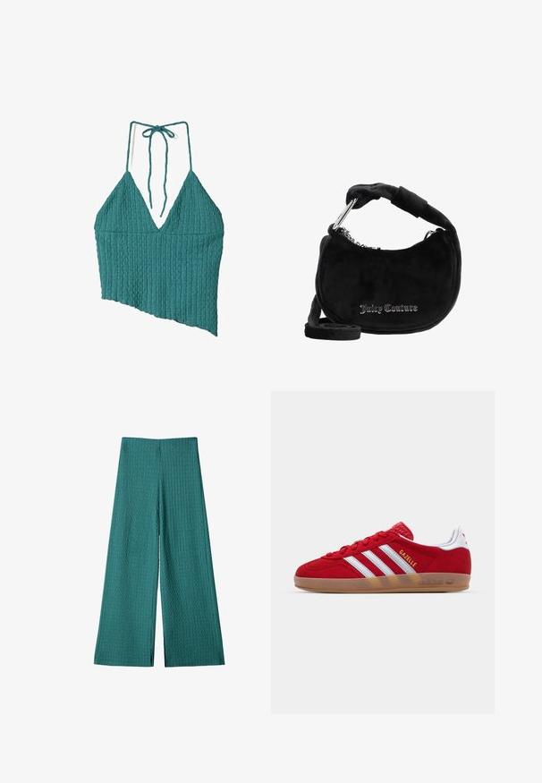 Top halter de culoare teal, cu decolteu adânc în formă de V, hem asimetric și șnururi la gât. Materialul texturat adaugă dimensiune designului.; Pantaloni largi de culoare teal, dintr-un material texturat, cu nervuri. Prezintă o talie înaltă și o lungime întreagă, având o croială lejeră, ideală pentru ținute casual.; Sneaker roșu din suede cu un design alb cu trei dungi și text auriu "Gazelle". Dispune de o talpă din cauciuc și un toc texturat.; Geantă de umăr din suede negru, cu o formă curbată, dotată cu un mâner căptușit, accente din lanț argintiu și logo-ul "Juicy Couture" în litere metalice.