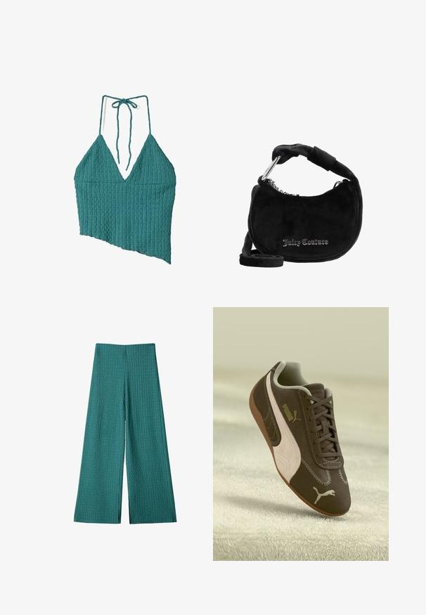 Teal színű bordázott pánt nélküli felső, mély V kivágással, aszimmetrikus aljjal és nyaknál megkötővel. A textúrált anyag dimenziót ad a dizájnnak.; Tarkékony, széles lábú nadrág textúrált, bordázott anyagból. Magas derekú, teljes hosszal és laza szabással rendelkezik, tökéletes mindennapi viselethez.; Barna Puma sportcipő bézs csíkkal és logóval, fűzős, egy textúrált bézs felületen pihen.; Fekete velúr válltáska ívelt formával, párnázott fogantyúval, ezüst lánc díszítésekkel és fényes betűkkel írt "Juicy Couture" logóval.
