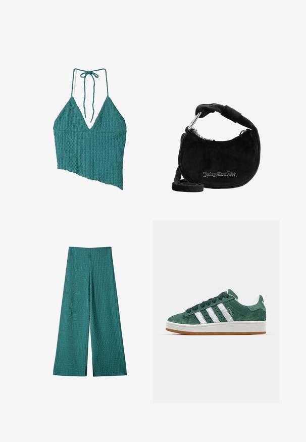 Tyrkis ribbad halterneck-topp med djup V-ringning, asymmetrisk fåll och knytning vid nacken. Den strukturerade tyget ger designen en dimension.; Teal vida byxor med en texturerad, ribbad tyg. Har hög midja och är långa med en lös passform, perfekt för avslappnade tillfällen.; Gröna mockaskor med vita läderränder, gummisula, vadderad krage och minimalistisk design. Har varumärke på sidan.; Svart mocka axelväska med en rundad form, med ett vadderat handtag, silverkedjesmycken och "Juicy Couture"-logotyp i metallisk skrift.