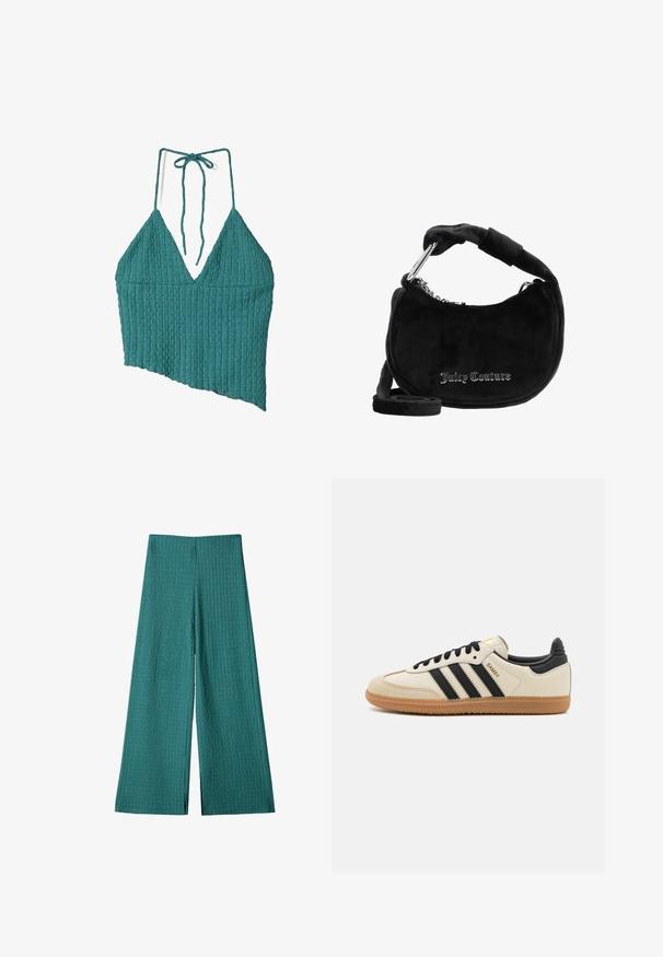 Teal színű bordázott pánt nélküli felső, mély V kivágással, aszimmetrikus aljjal és nyaknál megkötővel. A textúrált anyag dimenziót ad a dizájnnak.; Tarkékony, széles lábú nadrág textúrált, bordázott anyagból. Magas derekú, teljes hosszal és laza szabással rendelkezik, tökéletes mindennapi viselethez.; Beige sportcipő fekete csíkokkal, gumi talppal és fekete részletekkel. Simára cserzett bőr felsőrésze és kerek orra van.; Fekete velúr válltáska ívelt formával, párnázott fogantyúval, ezüst lánc díszítésekkel és fényes betűkkel írt "Juicy Couture" logóval.; Arany téglalap alakú karóra textúrált világos zöld számlappal, két fekete órajelzővel, arany színű fémszíjjal és minimalista dizájnnal.