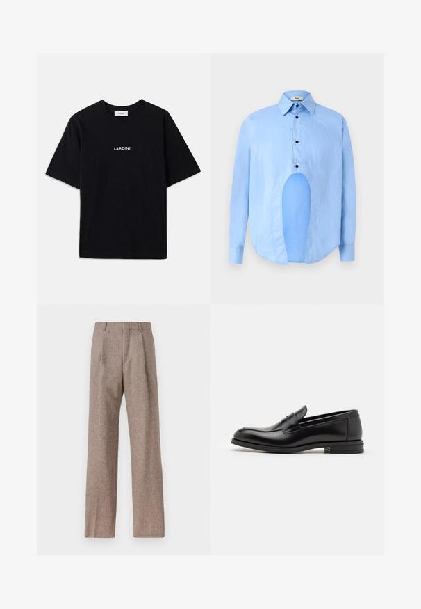 Musta lyhythihainen t-paita, joka on valmistettu puuvillasta. Siinä on pyöreä pääntie ja rintaosassa valkoinen tulostettu logo "LARDINI". Yksinkertainen ja koristelematon muotoilu.; Vaaleansininen pitkähiha shirtti, jossa on terävä kaulus, mustat napit ja ainutlaatuinen aukko edessä erottuvan muotoilun vuoksi.; Ruskejat, korkeavyötäröiset housut, jotka on valmistettu teksturoidusta kankaasta. Ominaisuuksina ovat leveät lahkeet ja kaksi etupuolelle ommeltua laskosta rakenteen tukemiseksi. Siisti viimeistely ilman näkyvää metalliosaa.; Mustat nahkakengät, joissa on sileä pinta, pyöreä kärki ja koristeellinen nauha jalkapöydän yli. Matala pinoitu koroke, minimalistinen muotoilu.