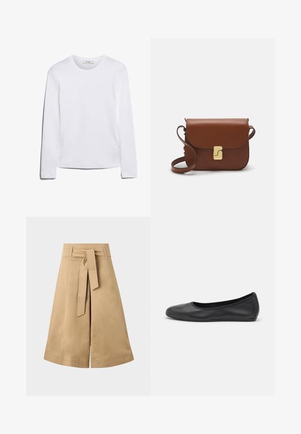 Camisola de manga longa branca feita de algodão canelado, com um decote redondo e uma bainha reta. Design simples, sem padrões ou detalhes.; Saia midi em caqui, envolvente, com um cinto de laço, feita de algodão leve, apresentando uma silhueta evasê e detalhes de costura visíveis.; Bailarina preta em pele com bico arredondado, textura suave, detalhe de costura minimalista e design de sola flexível.; Bolsa de couro castanho com fecho de aba, decoração em tom dourado, alça de ombro e textura suave. Formato retangular compacto.