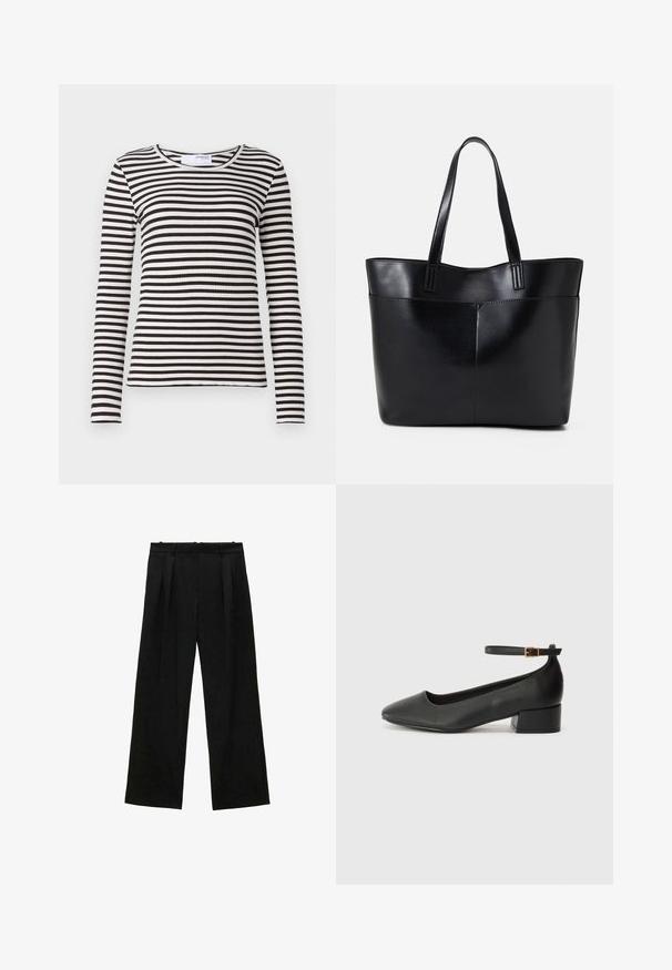Top cu mânecă lungă, cu model în dungi orizontale alb-negru. Guler rotund clasic, cu o croială strânsă. Textură moale.; Pantaloni negri cu picioare largi și pliseuri, având o textură netedă și un design cu talie înaltă. Stil minimalist, fără accesorii sau detalii vizibile.; Pantof cu toc negru din piele, cu vârf ascuțit și toc mic pătrat. Dispune de o curea la gleznă cu o cataramă în tonuri de aur. Textură netedă.; Geantă oversized din piele neagră, cu două mânere lungi, de textură netedă și formă structurată. Are un buzunar frontal pentru stocare suplimentară.