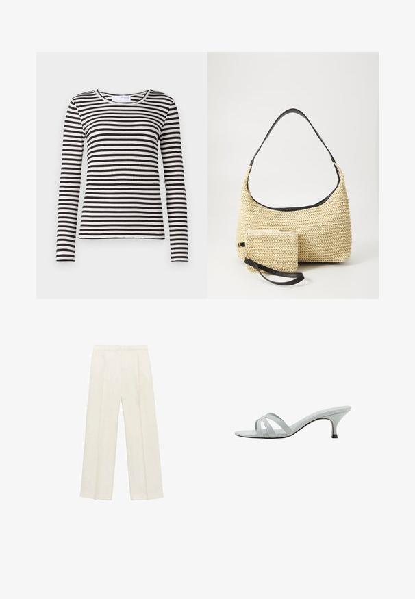 Long-sleeve, ribbed top featuring horizontal black and white stripes. Classic round neckline with a close fit. Soft texture.; Wide-legged trousers in a light cream color. Made from a smooth fabric with pleats at the front and side pockets.; Light gray heeled sandals with three crisscross straps, a slim profile, and a tapered heel. Smooth texture with a slightly shiny finish.; Woven straw handbag with a curved silhouette, featuring a smooth black leather strap and a matching small pouch attached by a wrist strap.