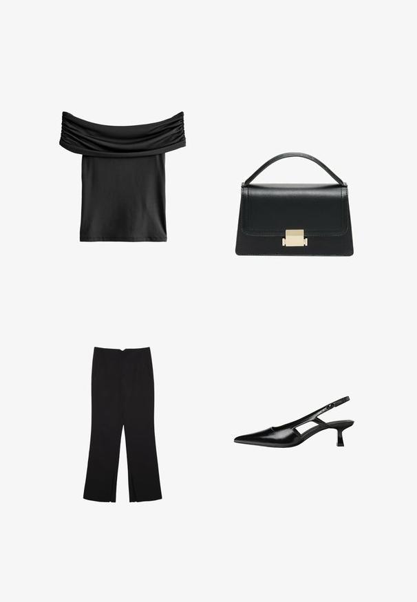 Čierny top s odhalenými ramenami so zberaným materiálom na výstrihu, vyrobený z hladkej, ľahkej tkaniny. Krátky a voľný strih.; Čierne nohavice so strihom rovného strihu, s prednými vreckami a bočnými rozparkami na leme. Vyrobené z mäkkej, hladkej tkaniny. Vhodné na rôzne príležitosti.; Čierne lakované kožené lodičky na podpätku s špicatou špičkou, výrezovým dizajnom na boku a malým štvorcovým podpätkom. Hladký povrch s minimálnymi akcentmi.; Čierna kožená kabelka so štruktúrovaným prevedením, horným madlom a detailom zlatého kovového uzáveru na prednej strane. Hladká textura, minimálne šitie.