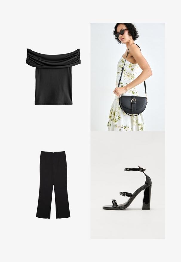 Czarny top bez ramiączek z zebranym materiałem przy dekolcie, wykonany z gładkiego, lekkiego materiału. Krótki, luźny krój.; Czarne spodnie o prostym kroju, z przednimi kieszeniami i bocznymi rozcięciami na dole. Wykonane z miękkiego, gładkiego materiału. Odpowiednie na różne okazje.; Czarne lakierowane sandały na obcasie z kwadratowym noskiem, z paskami wokół kostki i srebrnymi klamrami. Posiadają masywny słupek dla stabilności.; Czarna skórzana torebka o zakrzywionym kształcie, z odpinanym paskiem i złotymi akcentami. Torebka posiada klapę z zapięciem w kształcie klamry.