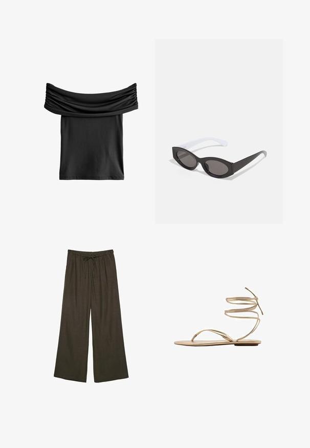 Čierny top s odhalenými ramenami so zberaným materiálom na výstrihu, vyrobený z hladkej, ľahkej tkaniny. Krátky a voľný strih.; Tmavo hnedé široké nohavice s elastickým pásom a nastaviteľnou šnúrkou. Vyrobené z jemnej, ľahkej tkaniny.; Zlaté ploché sandále s tenkými, špirálovými popruhmi na členku, otvorenou špičkou a minimalistickou podrážkou. Majú hladký, metalický povrch.; Čierne oválne slnečné okuliare s lesklým povrchom a hrubými rámami; biele strany sa postupne zužujú a majú tmavé slnečné sklá.; Tkaný košík z prútia so hnedými koženými akcentmi, dvoma rúčkami a odnímateľným popruhom. Zakrivený tvar s pevným dnom.