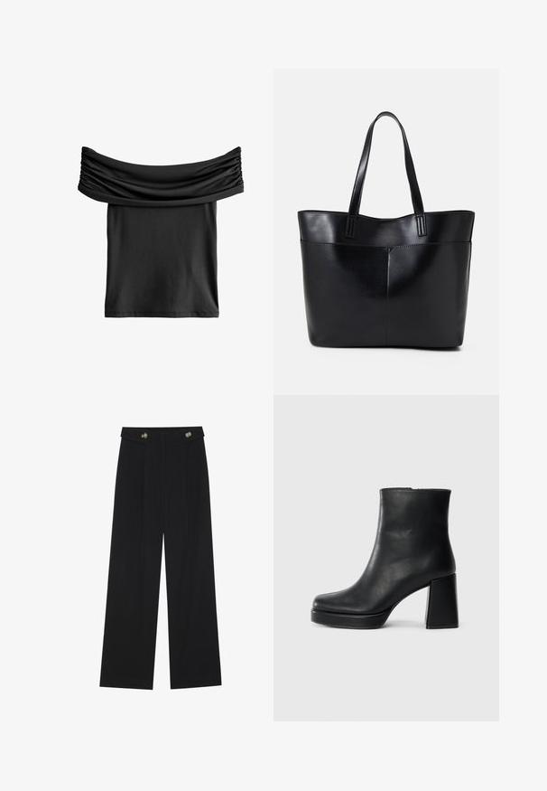 Black off-shoulder top with gathered fabric at the neckline, made from a smooth, lightweight material. Short, relaxed fit.; Black wide-leg trousers with high waist, button details on waistband, and front pleats.; Black leather ankle boot with a block heel and platform sole, viewed from the side on a plain white background.; Black leather tote bag with two long handles, a smooth texture, and a structured shape. Features a front pocket for additional storage.