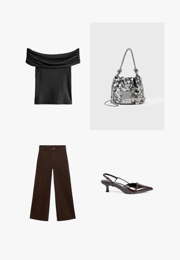 Schwarzes Off-Shoulder-Top mit gerafftem Stoff am Ausschnitt, gefertigt aus einem glatten, leichten Material. Kurz und lässig geschnitten.; Braune, weit geschnittene Hosen aus Baumwollmischung mit fransigem Saum, vorderem Knopfverschluss und klassischem Fünf-Taschen-Design. Minimalistisch und vielseitig.; Braune Lacklederslingback-Pumpe mit spitzem Zehenbereich, kleinem Blockabsatz, Kreuzriemendesign und dekorativem Schleifendetail auf der Vorderseite.; Kleine silberne Handtasche, die mit großen Pailletten bedeckt ist, mit einem geknoteten Griff und einer Kettenriemen, auf der Vorderseite mit dem Guess-Logo.