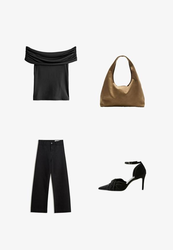 Schwarzes Off-Shoulder-Top mit gerafftem Stoff am Ausschnitt, gefertigt aus einem glatten, leichten Material. Kurz und lässig geschnitten.; Schwarze weit geschnittene Jeans mit hoher Taille, ausgestattet mit Vorder- und Hintertaschen, gesteppten Nähten und einem Knopfverschluss. Glatte Textur.; Schwarzer Wildleder-Pumps mit spitzem Zeh, geknotetem Detail an der Vorderseite, Knöchelriemen und dünnem Stiletto-Absatz.; Braune Stoffschultertasche mit einem breiten, runden Körper und einem großen Ausschnittgriff. Sanfte Textur, minimalistisches Design und keine sichtbaren Beschläge.