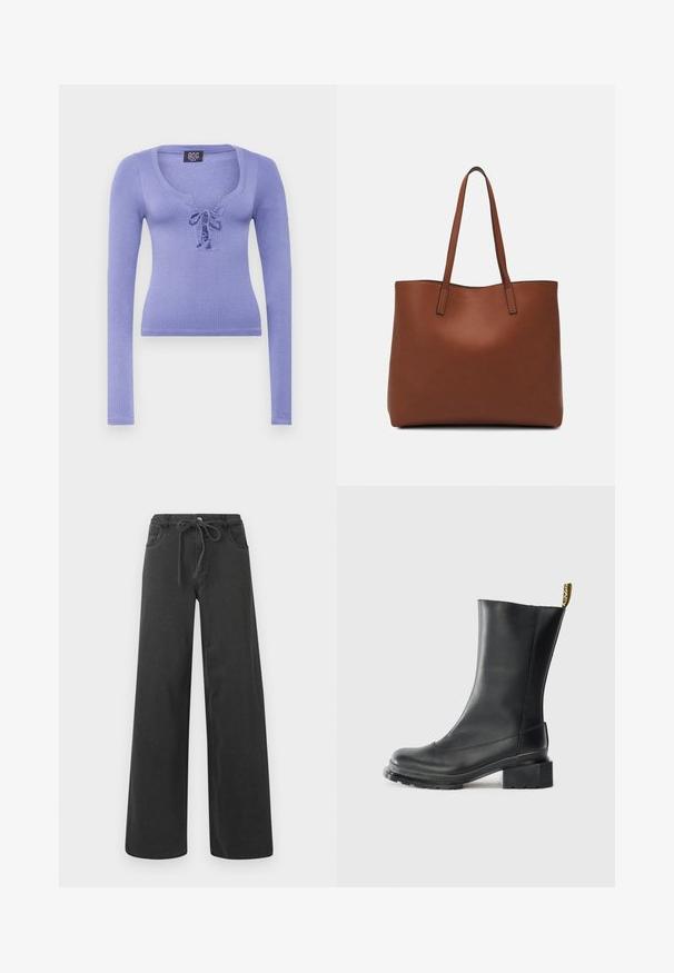 Ilgų rankovių levandų spalvos viršus, pagamintas iš tekstūruoto mezginio audinio, su apvaliu kaklu ir raišteliu priekyje.; Juodos plačios džinsinės kelnės, pagamintos iš džinsinio audinio, su raišteliu ties liemeniu, dviem priekinėmis kišenėmis ir lygiu paviršiumi. Be matomų raštų ar akcentų.; Juodas odinis kulniukas su stačiu kulnu, lygiu paviršiumi, apvaliu pirštu ir kulno kilpa su geltonu ženklinimu.; Ruda odinė priekabų krepšys su glotnia tekstūra, atviru viršumi ir dviem petnešomis. Su minimalia siuvimo detalėmis ir nematoma aparatūra.