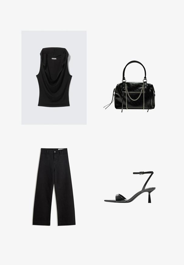 Zwart mouwloos topje met een gedrapeerde halslijn, gemaakt van zachte, rekbare stof. Heeft een losse pasvorm en een minimalistisch ontwerp. Label zichtbaar aan de binnenkant.; Zwarte denim broek met wijde pijpen en een hoge taille, voorzien van voor- en achterzakken, gestikte naden en een knoopsluiting. Gladde textuur.; Bershka Sandalen met hoge hak - black; Bershka WITH CHAIN - Handtas - black