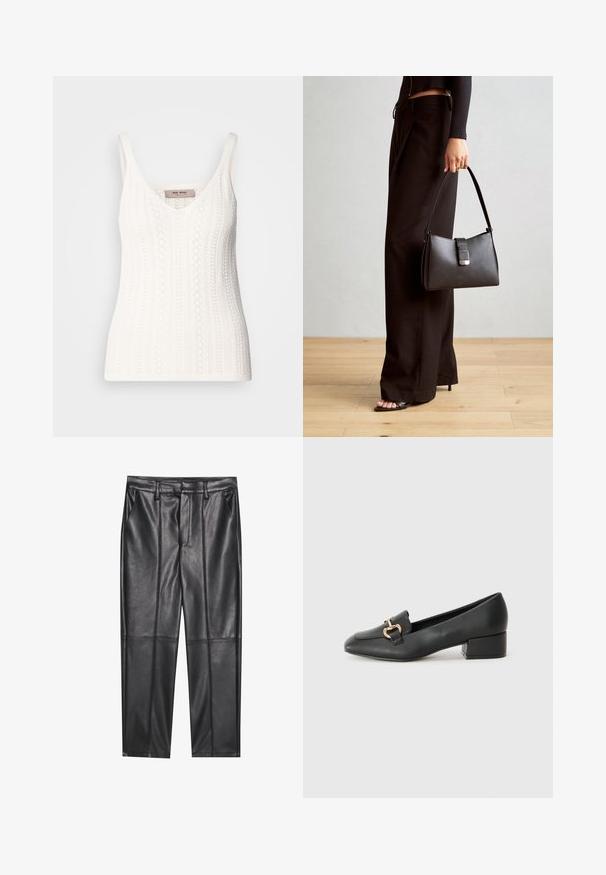 Witte gebreide tanktop met V-hals, dunne bandjes en een textuurpatroon met zigzagdetails. Etiket toont "MOS MOSH."; Zwarte leren broeken met een gladde textuur, voorzien van een rechte pasvorm, twee voorzakken en zichtbare naaddetail.; Zwarte lederen instappers met een platte hak, met een decoratieve gouden hardware detail aan de voorkant en een gladde textuur.; Zwarte handtas met gestructureerde vorm, gladde textuur en een metalen sluiting. Gecombineerd met brede zwarte broeken en sandalen met open teen op een houten vloer.