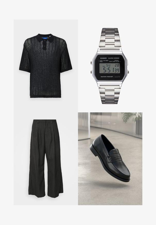 Crna polo majica kratkih rukava s tkanim uzorkom, koja sadrži ovratnik, gumbe i rebraste manžete. Napravljena od laganog materijala.; Crne široke hlače s prugicama i plisama, s krojem koji se ističe i mekanom teksturom. Nema vidljivih metalnih dijelova ili ukrasa.; Crni kožni loafer glatke teksture, špicastog vrha i ukrasnim remenom preko gornjeg dijela stopala. Lagani potplat, minimalistički dizajn.; Digitalni Casio sat s crnim licem, srebrnom nehrđajućom čeličnom narukvicom, pravokutnim kućištem i gumbima za svjetlo, resetiranje kruga i podešavanje moda.