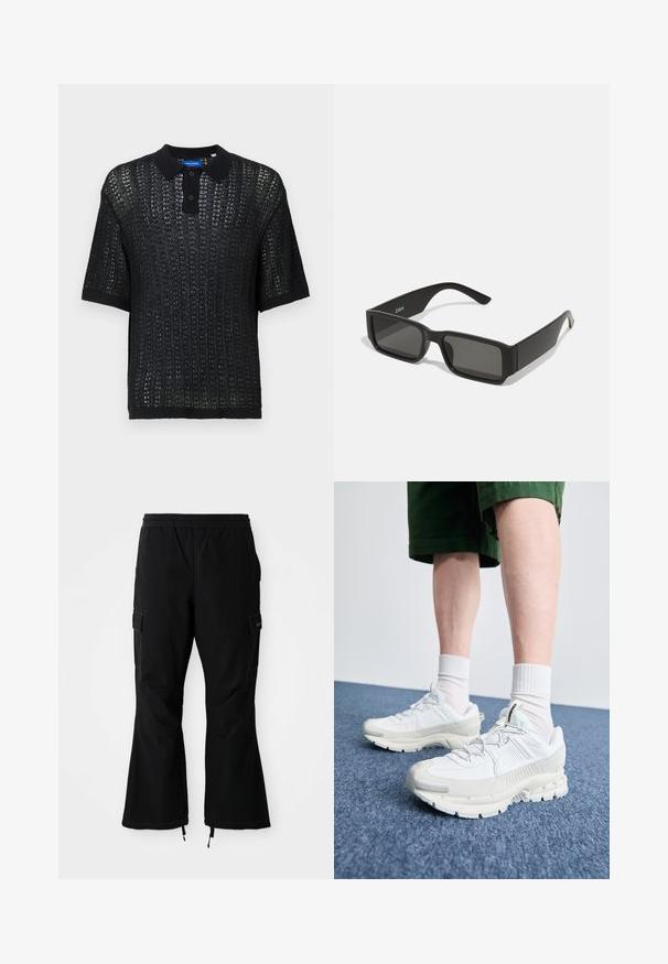 Must musta lühikeste varrukatega polo, millel on koobas tekstuur, krae, nööbid ja ribakujulised mansetid. Valmistatud kerge materjalist.; Mustade cargo püksid elastse vöökohtaga, küljetaskudega ja allosas tõmblukkudega laienevad jalad, esitatud valge tausta taustal.; Valged sportsijalatsid tekstuursete pealsete, kopsaka tallaga ja hallide aktsentidega. Kanda valgete lühikeste sokkidega ja roheliste lühikeste pükstega sinisel pinnal.; Mustad prillid ristkülikukujuliste läätsedega, matt plastikust raam ja sirged servad. Omab brändi logo sisemise varre peal.